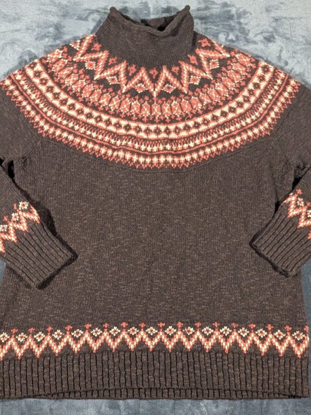 LL Bean Women Funnel Neck Ragg Sweater Size XL Cotton Fisherman Fair Isle, 1378